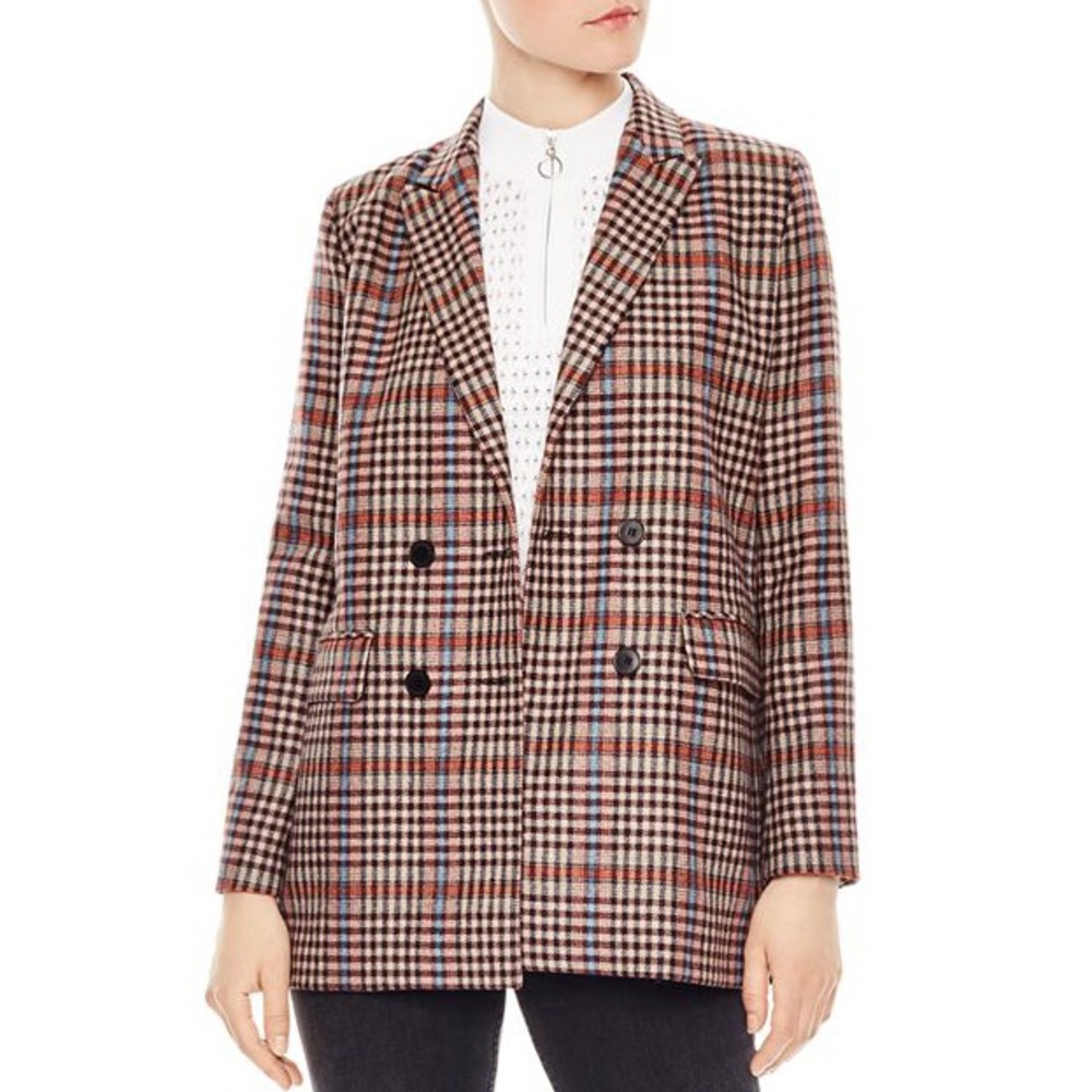 Sandro Solution Plaid Double-Breasted Blazer Wool-Blend
